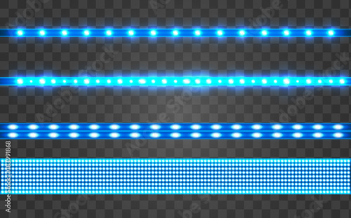 Set LED realistic blue ribbon on a transparent background.