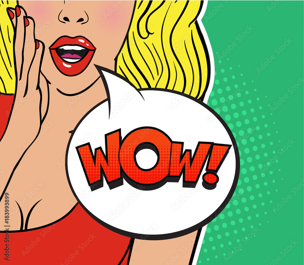 Sexy surprised blond girl in red dress on green background. Comic speech  bubble with expression text WOW. Colorful vector illustration of woman  face, vintage comics design, pop art style background. vector de