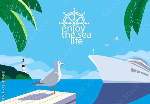 Nautical blue sea scenic view. Cruising ship tour vacation concept. Ocean cruise liner sailing colorful cartoon. Seagull on blue calm sea coast. Vector tourist trips relax advertisement background