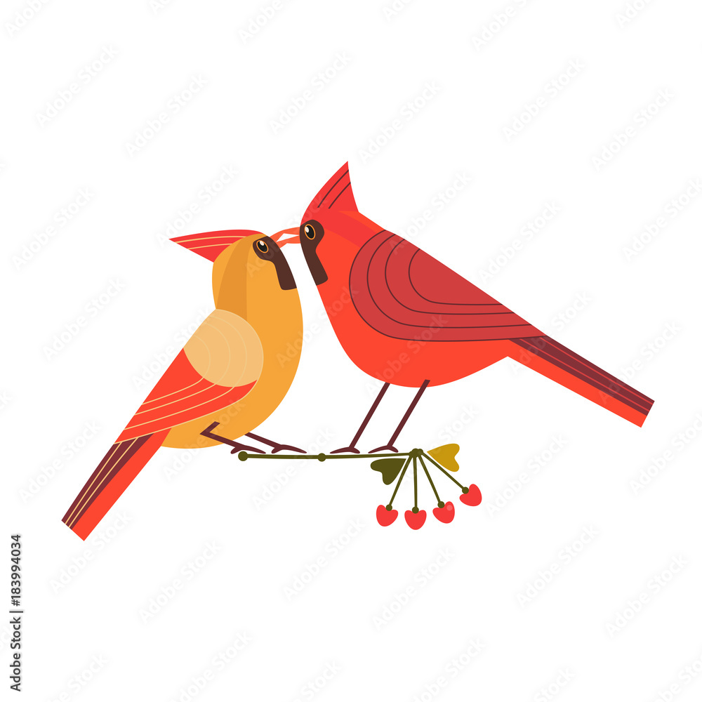 Vetor de Kissing birds icon. Two red cardinals female, male in love ...