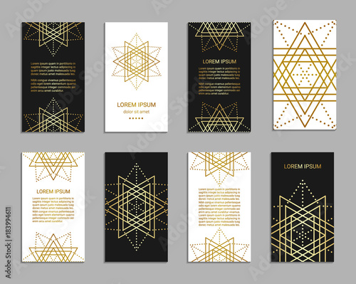 Vintage style black and white flyer set inspired by sacred geometry. Vertical blanks with golden sacral geometric signs. Line art brochure pattern. Clipping masks. Ornamental star design leaflet. EPS 