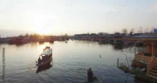 Scenic aerial, sunset over Srinagar