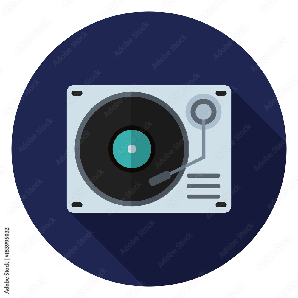 Gramophone player icon. Illustration in flat style. Round icon with long shadow. Gramophone player icon. Illustration in flat style. Round icon with long shadow.