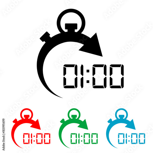 Icono plano cronometro 01:00 en varios colores