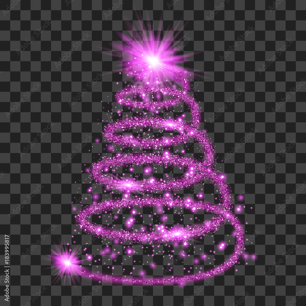 Purple particle wave in form of christmas tree with bright shining and glowind particles isolated on transparent background. Glitter bright trail, glowing wave vector illustration Purple particle wave in form of christmas tree with bright shining and glowind particles isolated on transparent background. Glitter bright trail, glowing wave vector illustration