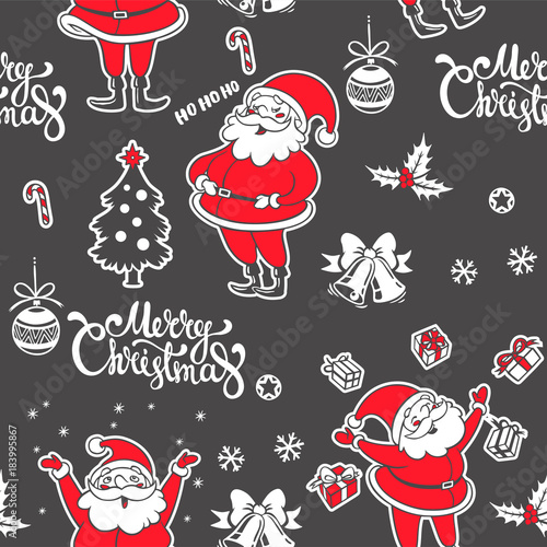 Vector seamless pattern with Santa Claus and decorations. Hand drawn illustration with winter holiday symbols. Merry Christmas lettering. New Year texture