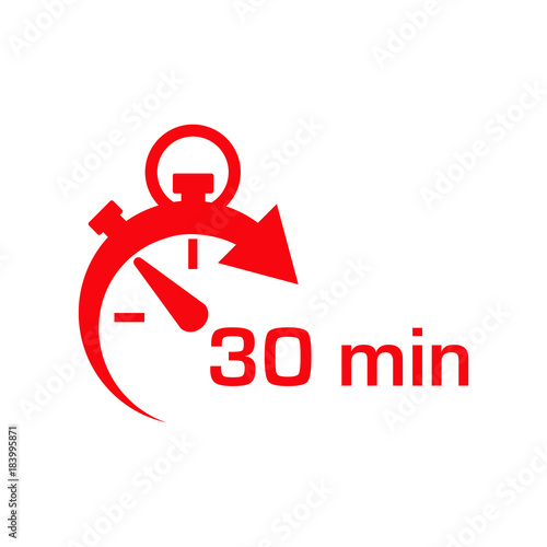 Icono plano cronometro con 30 min rojo en fondo blanco
