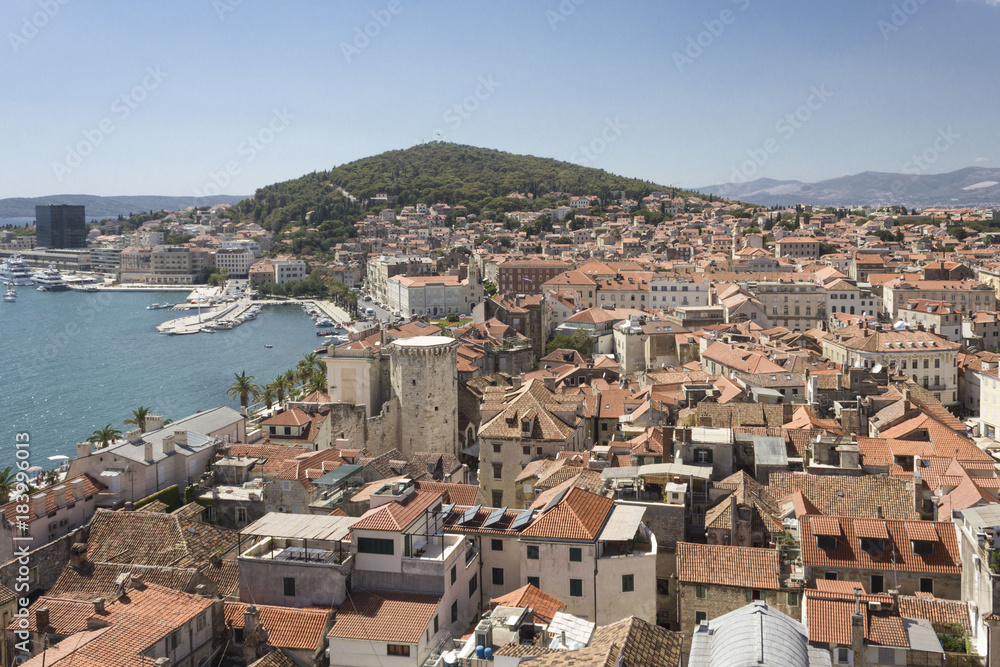 View from the top of the bell tower of Split city and adriatic sea