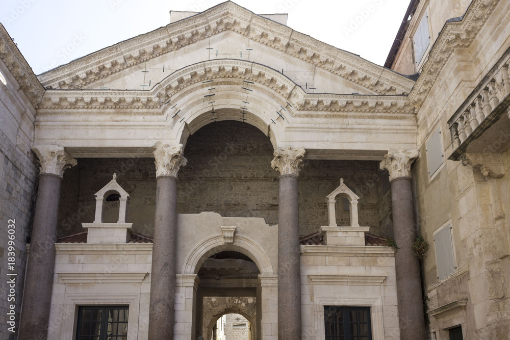 Frontal view of the historical facade of Diocletian Palace in Split