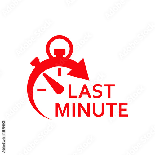 Icono plano cronometro con LAST MINUTE rojo en fondo blanco