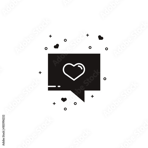 Speech rectangle bubble with heart - black silhouette. Comic balloon sign for messaging, texting or chatting. Dialog box symbol for social media applications and dating services.