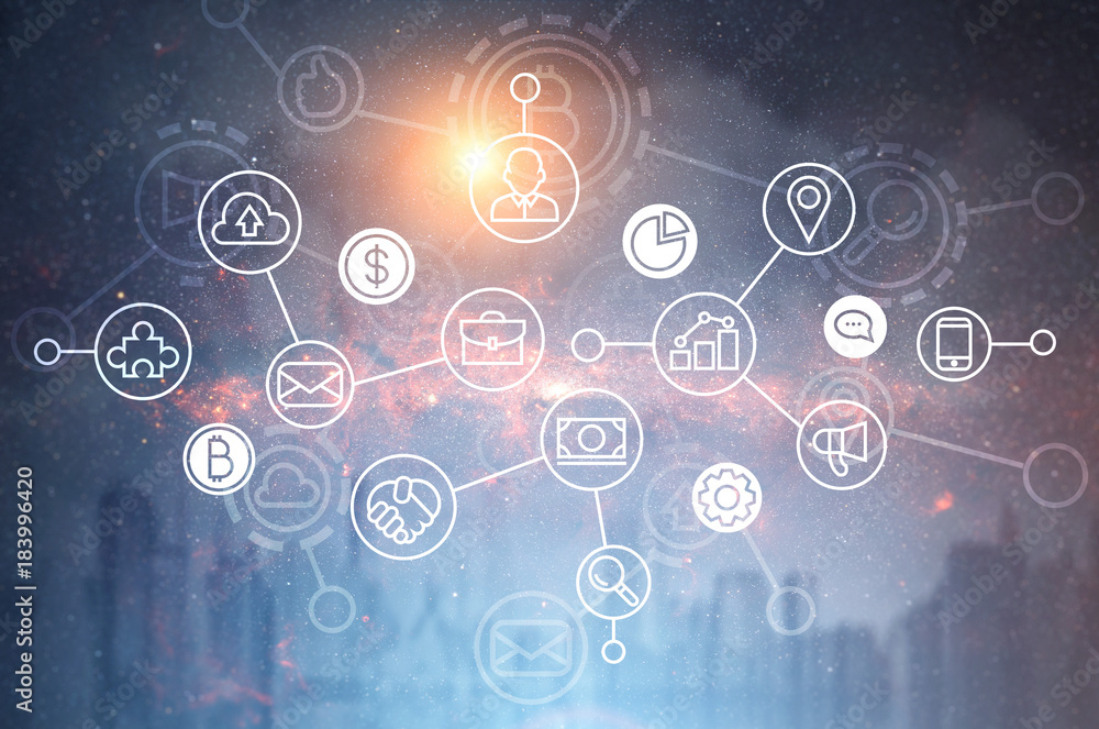 Bitcoin, network, cityscape Bitcoin, network, cityscape