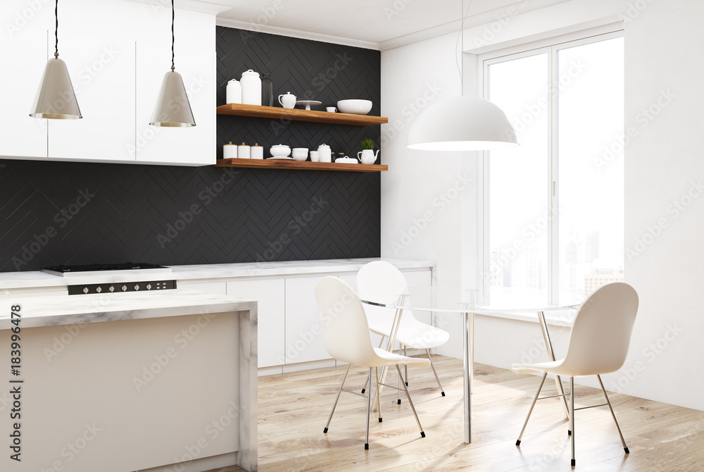 Fototapeta premium Black wooden kitchen corner, white chairs