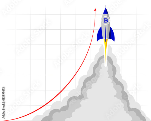 A rocket with bitcoin logo flying into space. Starting or starting an important project.