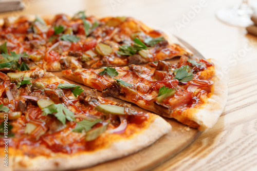 Meat pizza with hot bbq sauce