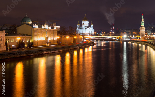 Night Bridge Moscow River near Kremlin. Jesus Savior Temple. Bridge Moscvoretskiy