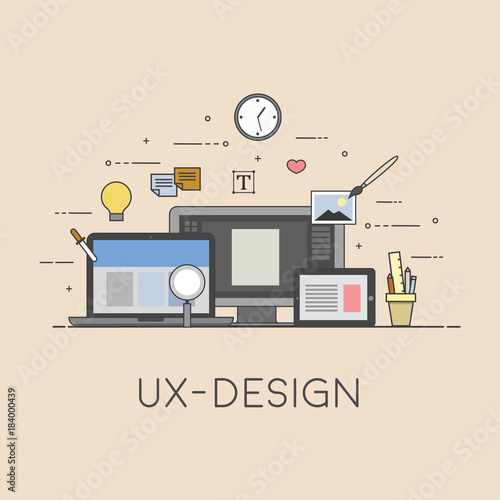 Web and mobile design. UX-design. Process of design. Flat design