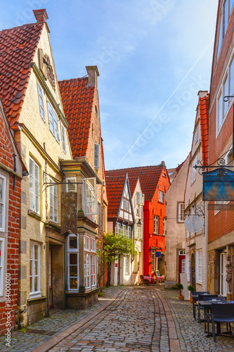 Medieval Bremen street Schnoor with half-timbered houses in the centre of the Hanseatic City of Bremen, Germany