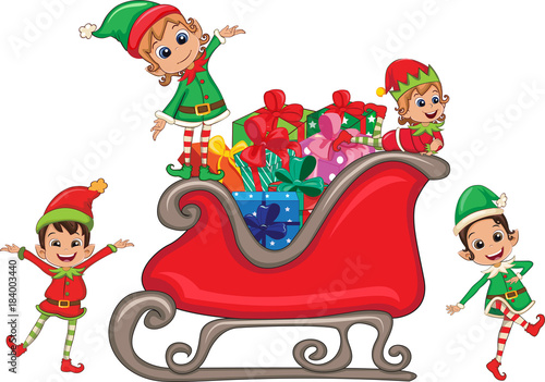 Christmas elves with many Christmas presents