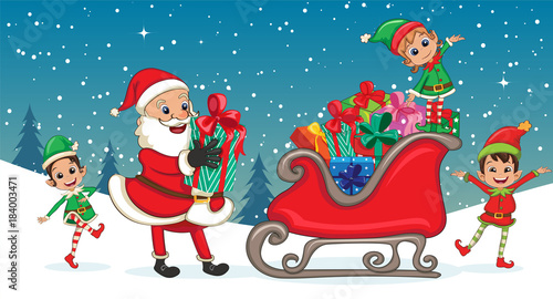 Santa Claus and Christmas elves with many Christmas presents