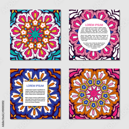 Embroidery style colorful mandala square card set. Front and back pages. Bright floral ornamental vintage style blanks. EPS 10 ethnic design vector backgrounds. Clipping masks.