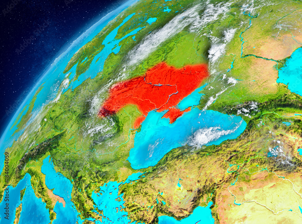 Space view of Ukraine in red