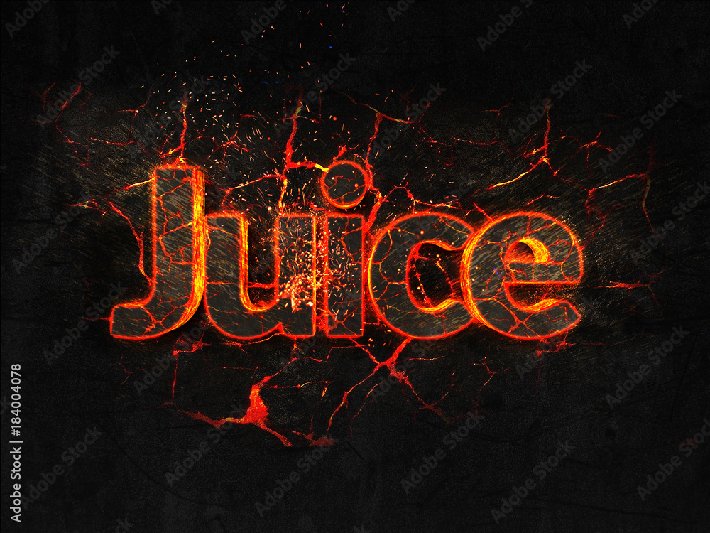 Juice Fire text flame burning hot lava explosion background.