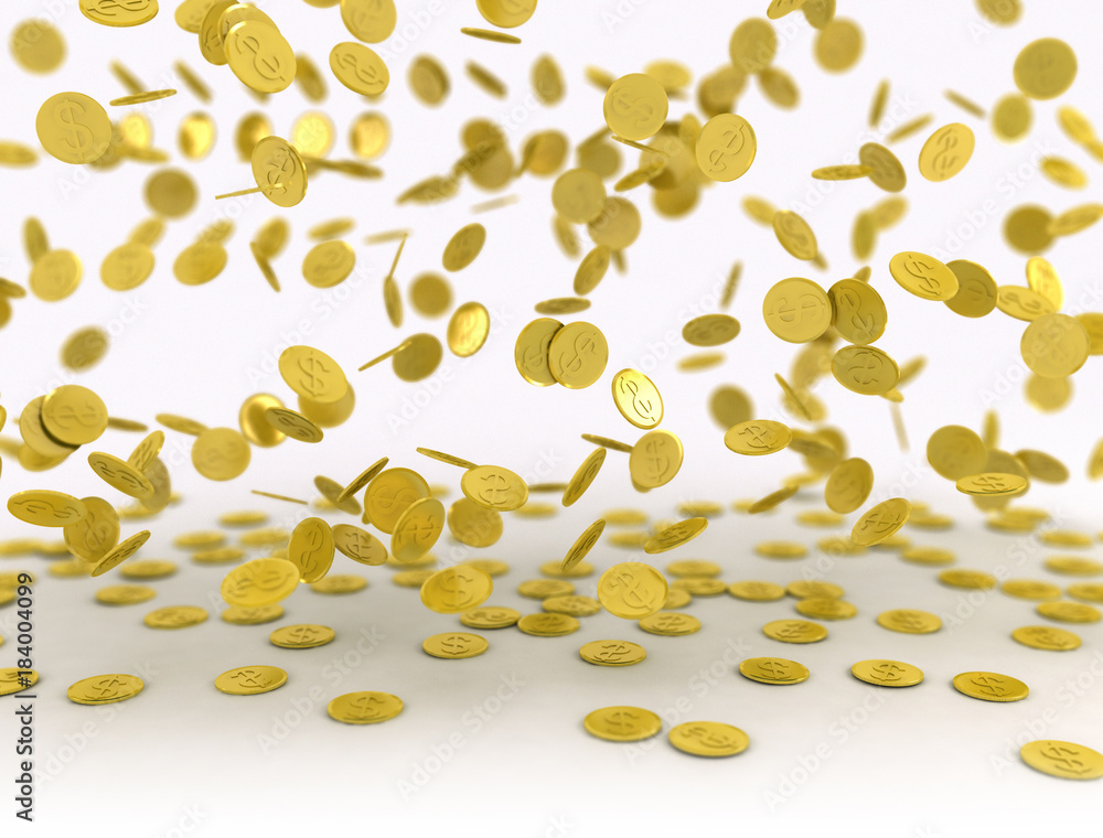Falling golden coins on white background Falling golden coins on white background