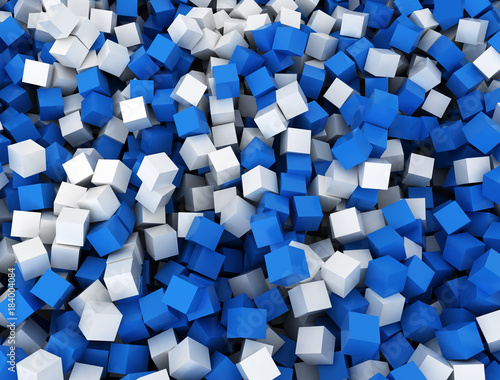 Blue and white cubes background. 3D rendering. Desktop wallpaper