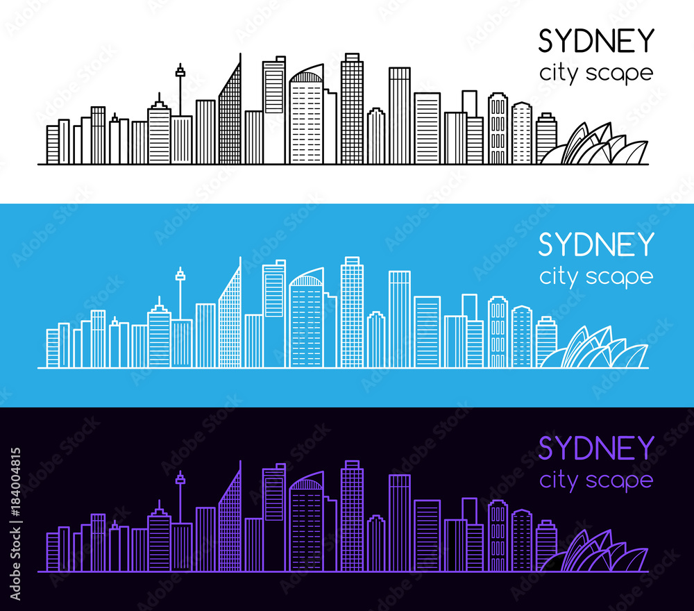 Sydney cityscape outline background. Modern megalopolis architectural skyline. Linear design city landscape. Editable stroke. Paths are not expanded. EPS 10 vector illustration