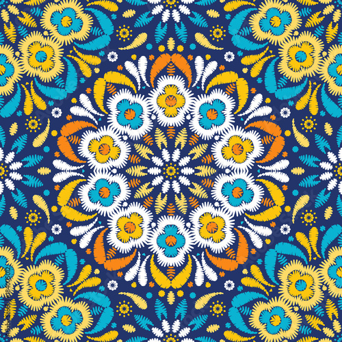 Embroidered mandala seamless pattern. Needlework floral background. EPS 10 vector embroidery template.