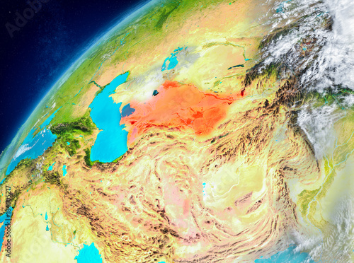 Space view of Turkmenistan in red