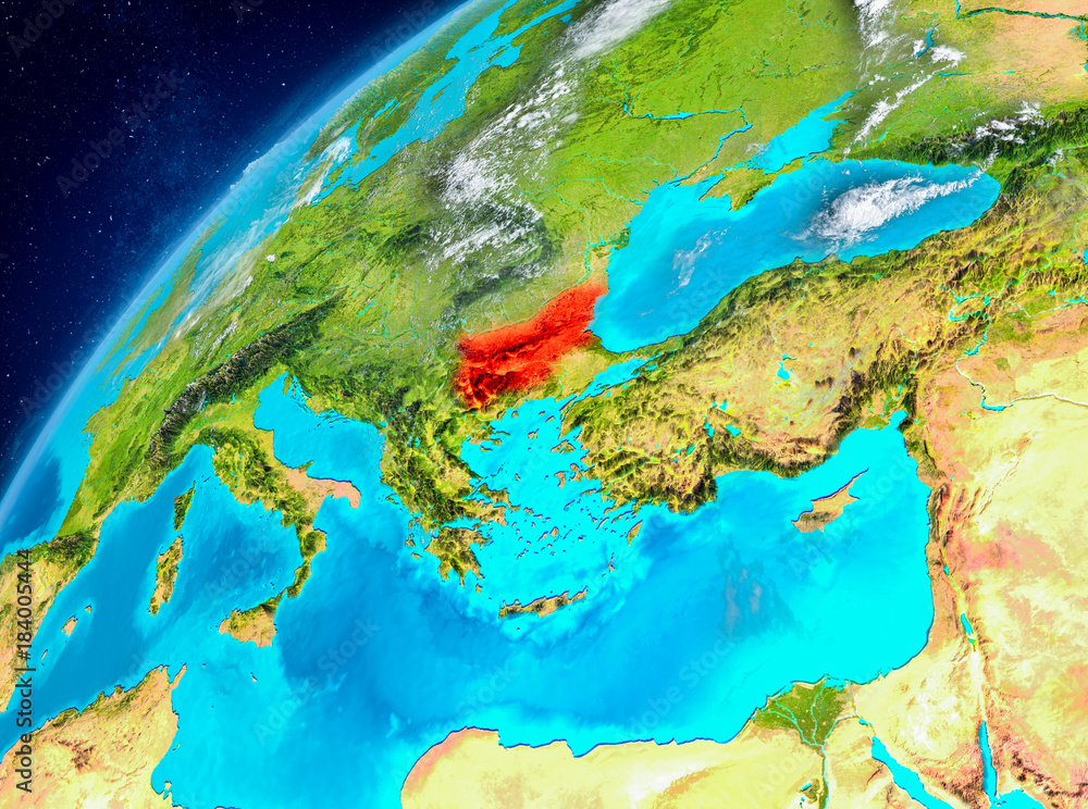 Space view of Bulgaria in red
