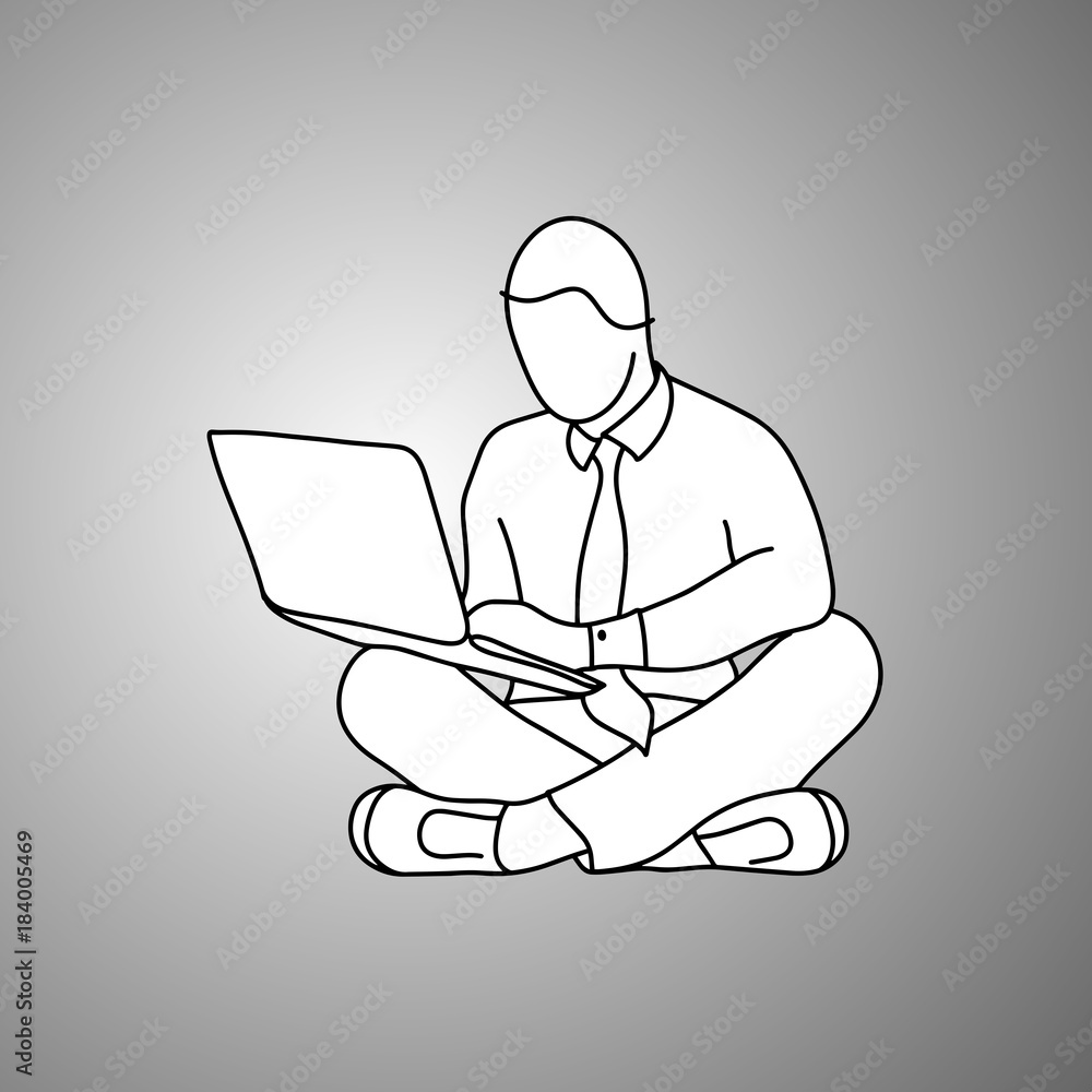businessman using notebook laptop computer working on the floor vector illustration doodle sketch hand drawn with black lines isolated on gray background. Business concept. businessman using notebook laptop computer working on the floor vector illustration doodle sketch hand drawn with black lines isolated on gray background. Business concept.