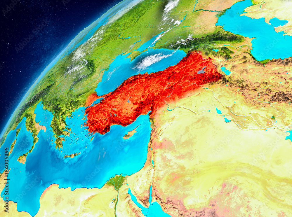 Space view of Turkey in red
