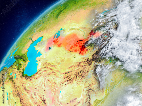 Space view of Uzbekistan in red