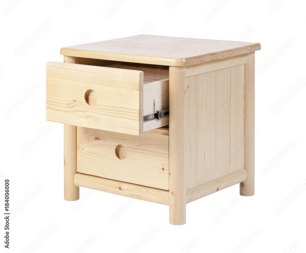 Wooden nightstand with open drawer isolated over white. With clipping path. Wooden nightstand with open drawer isolated over white. With clipping path.
