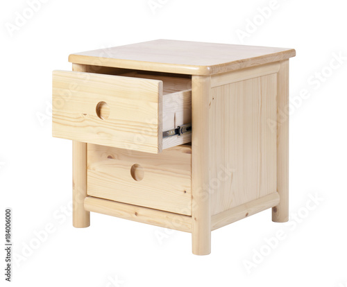 Wooden nightstand with open drawer isolated over white. With clipping path.