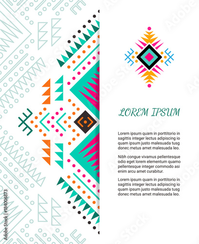 Aztec style colorful ornate card. Ornamental blank with ethnic motifs. Tribal graphic design concept. Paper brochure template. EPS 10 vector illustration. Clipping mask.