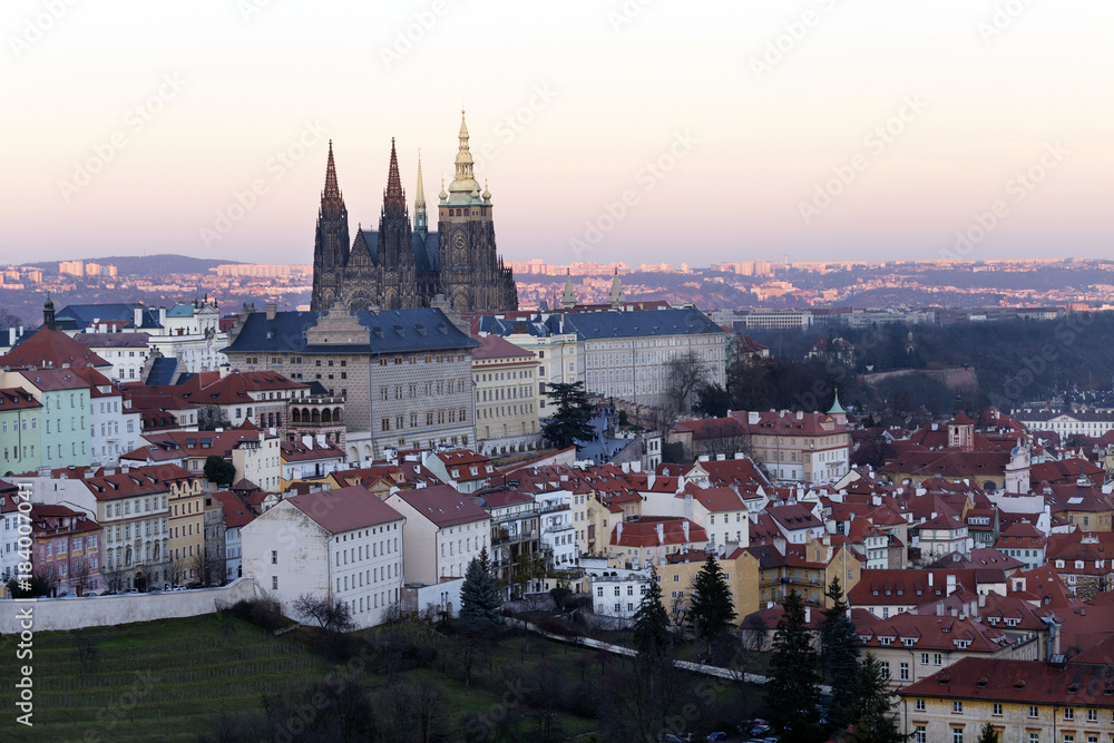 Winter evening Prague City with gothic Castle, Czech Republic