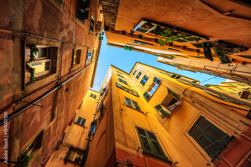 Traditional houses in a narrow street in Genoa, Italy photo