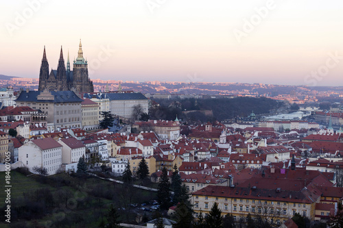 Winter evening Prague City with gothic Castle, Czech Republic