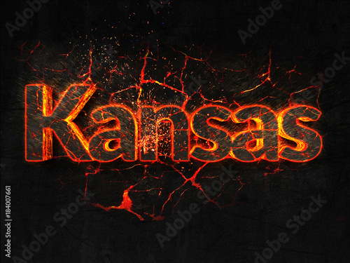 Kansas Fire text flame burning hot lava explosion background.