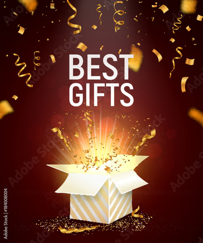 Open box with splashed confetti on dark background. Template banner for celebration vector illustration.