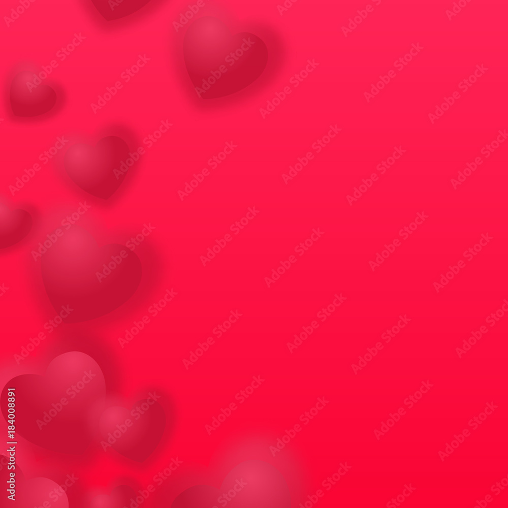 Valentines day vector illustration. Red blurred hearts isolated on red background.