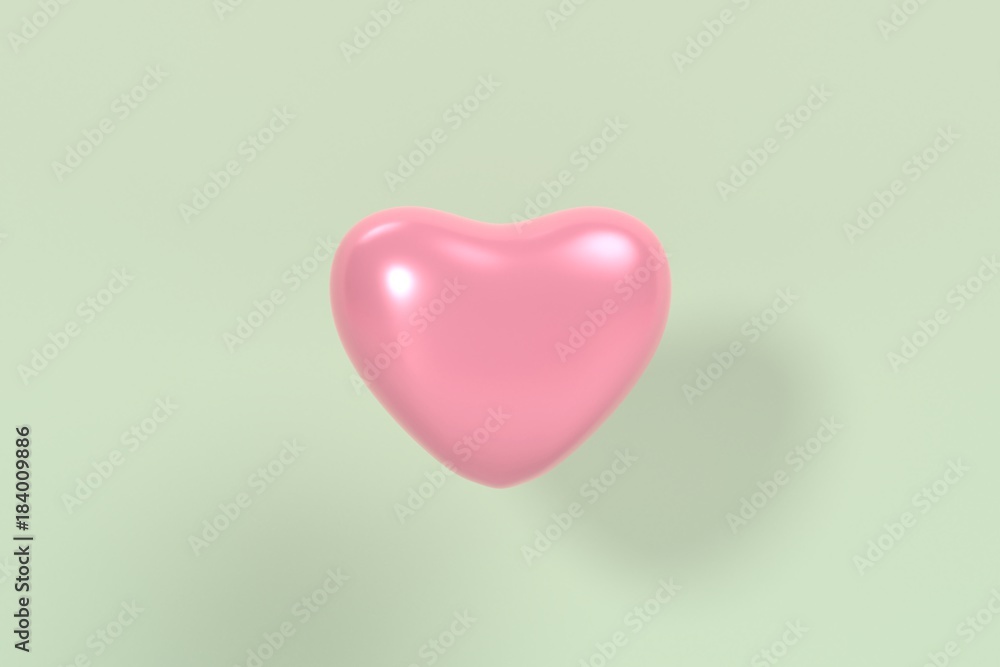 pink heart on green pastel background. sweet valentine love heart concept.