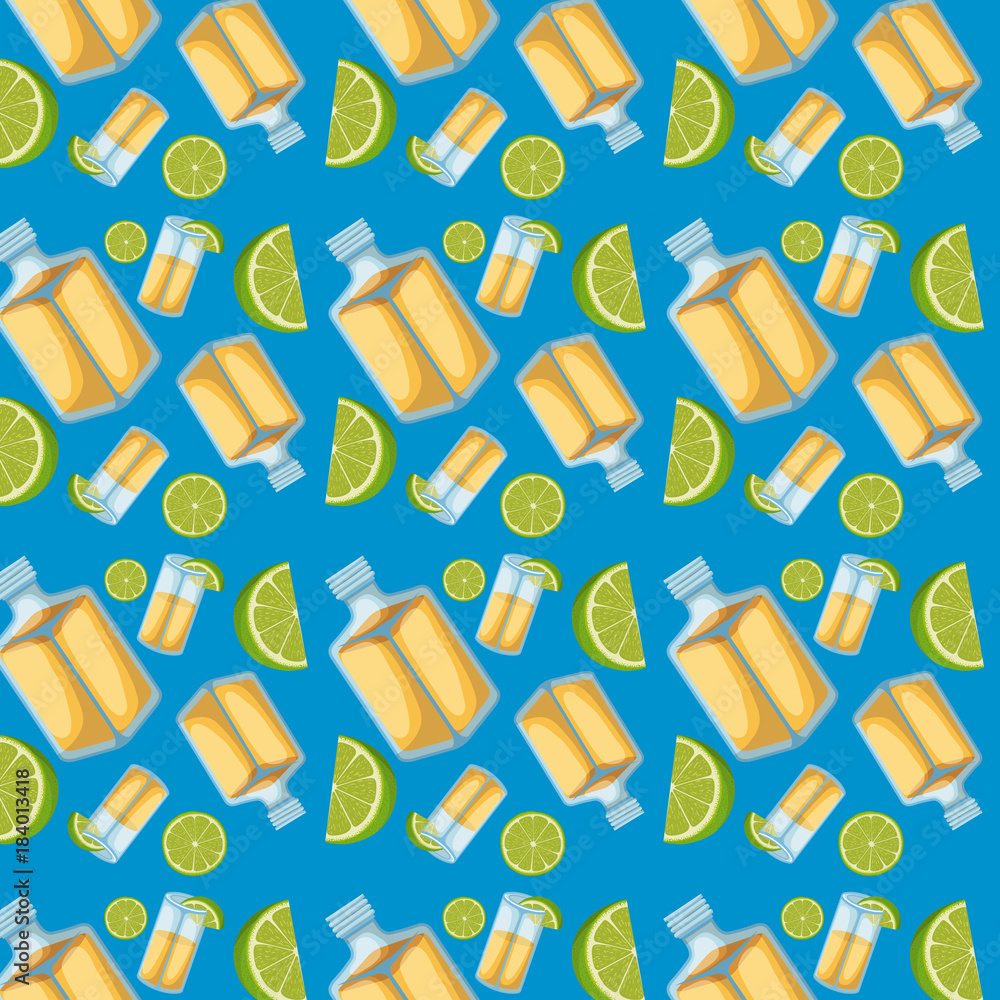 tequila bottles and lemon sliced pattern in blue background vector illustration