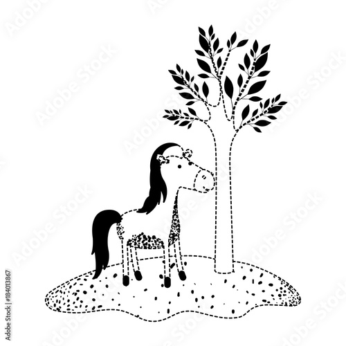 horse cartoon next to the tree in black dotted silhouette vector illustration