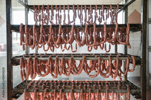 Many linked sausages hanging on mobile rack photo