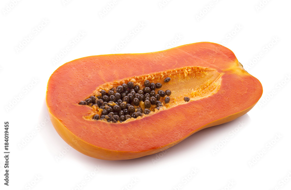 sliced ripe papaya with seed on with background. sliced ripe papaya with seed on with background.